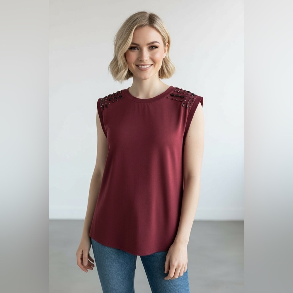 Hazel Burgundy Embellished Shoulder Sleeveless Blouse Size M